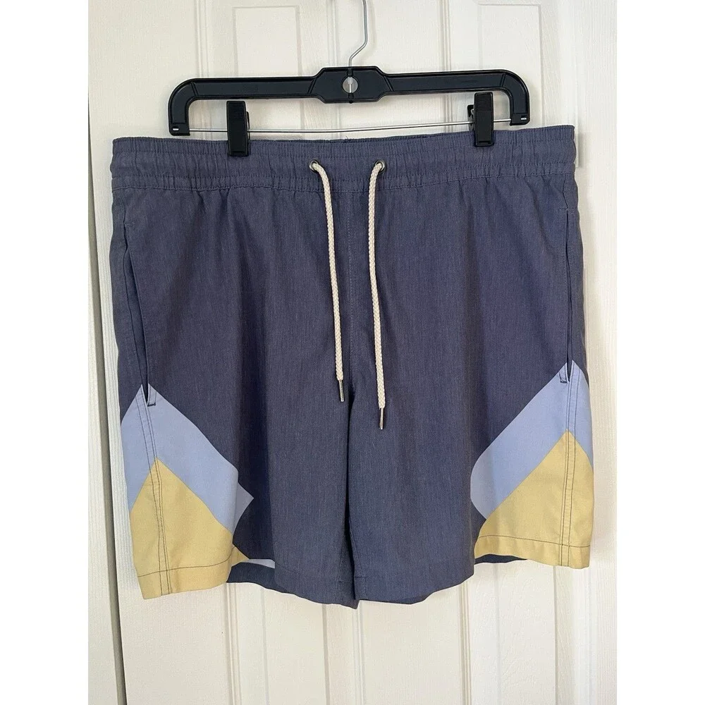 Fair Harbor Shorts Mens Medium Blue Lined Swim Trunks Stretch Colorblock Striped